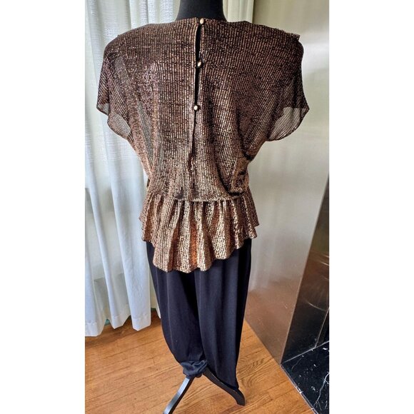 Vintage 1980s jumpsuit, gold metallic overlay top, oversized shoulder pads - Picture 5 of 10
